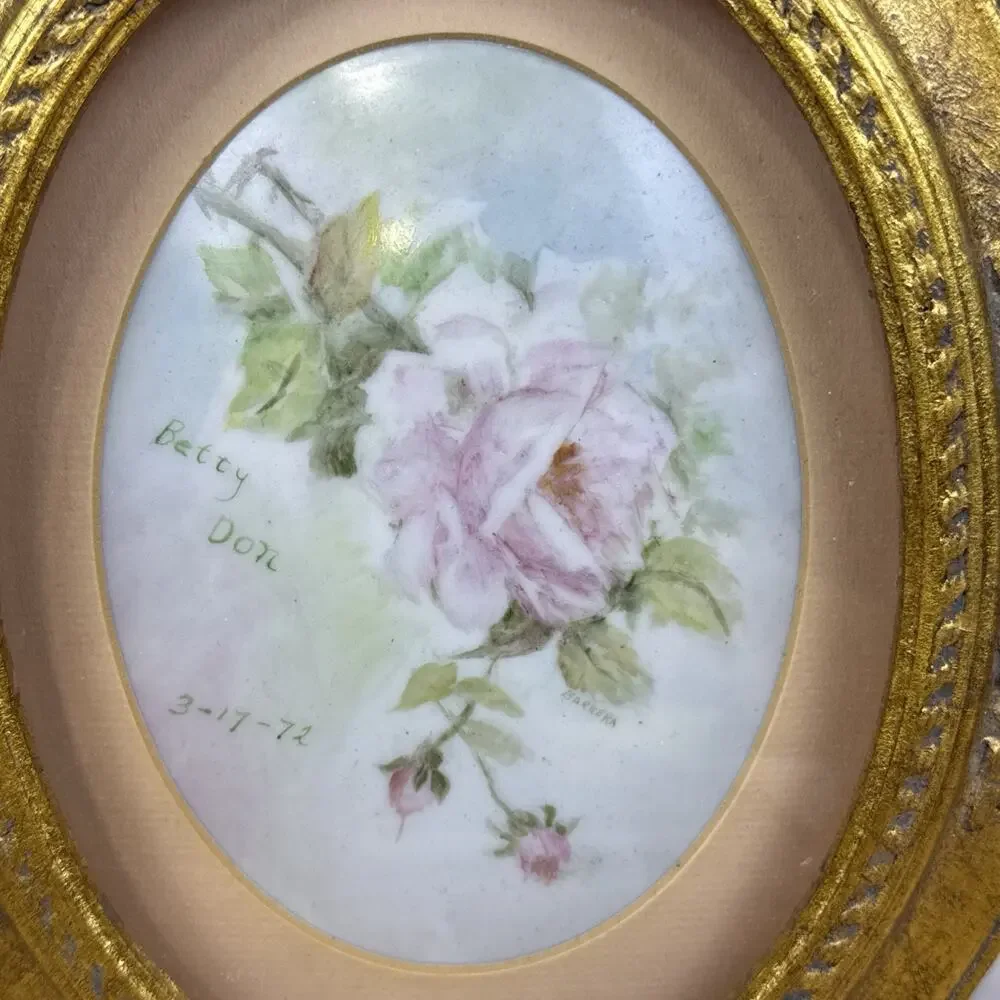 Vintage Gold Gilt Victorian Oval Frame with Painted Porcelain Rose Art 10”